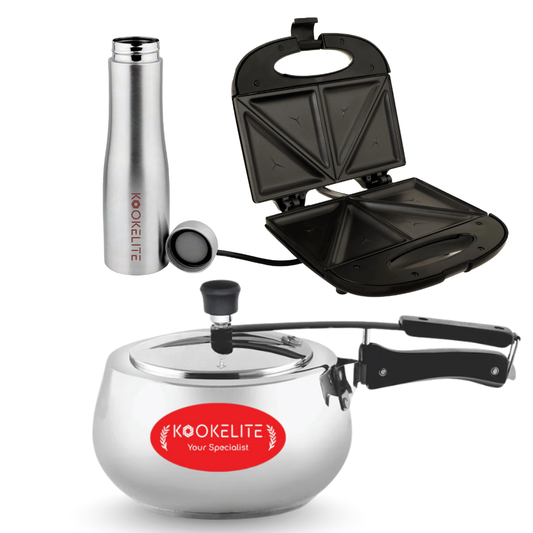 Kookelite Wedding Gift Combo – Aluminium 3L Pressure Cooker, Electric Sandwich Maker & Stainless Steel Bottle | Perfect for Wedding & Return Gifts